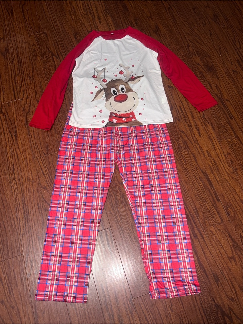 Amazon Red and White Reindeer Plaid Pajama Set
